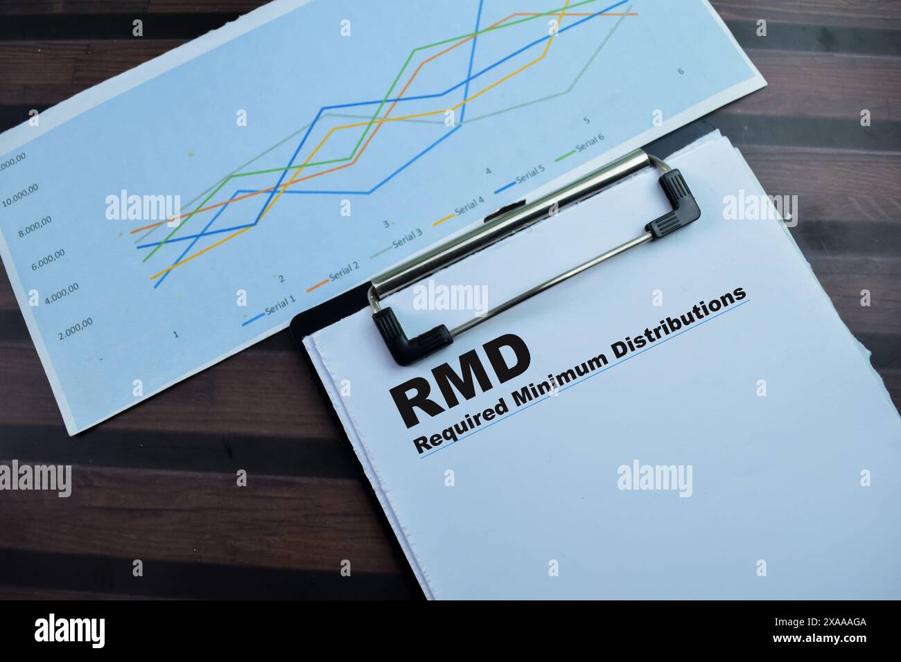 Concept of RMD - Required Minimum Distributions write on paperwork isolated on wooden background. Stock Photo