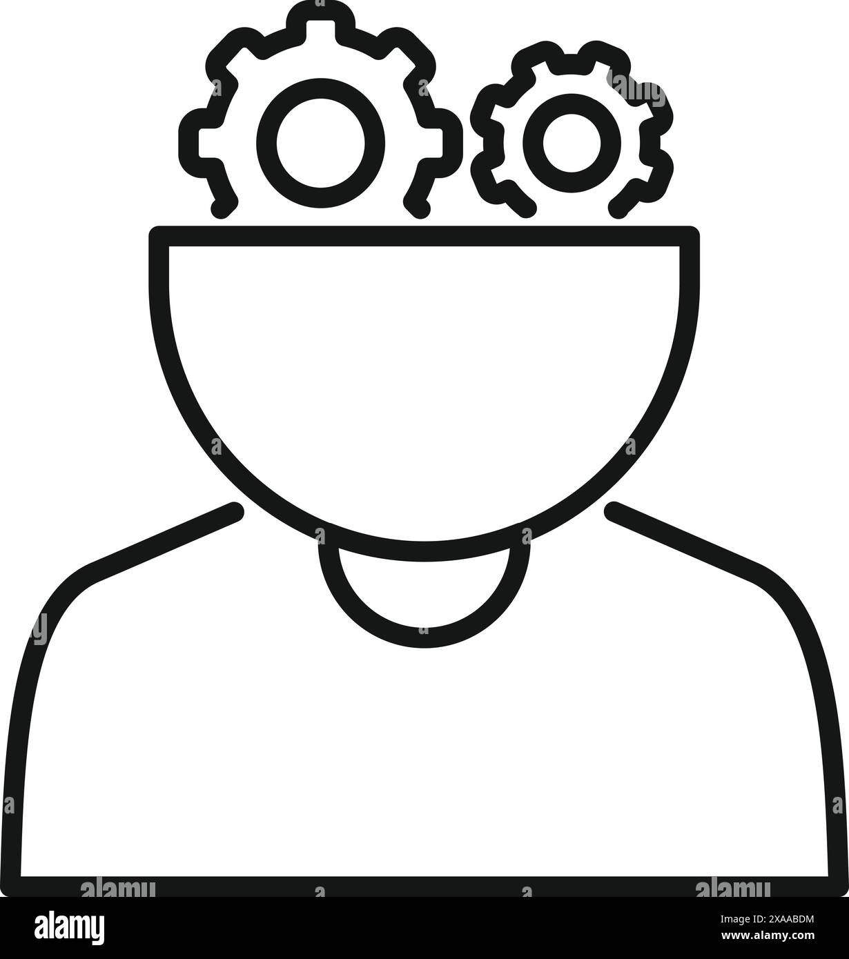 Line art icon representing a person with gears in place of the brain, symbolizing thinking or mechanics Stock Vector