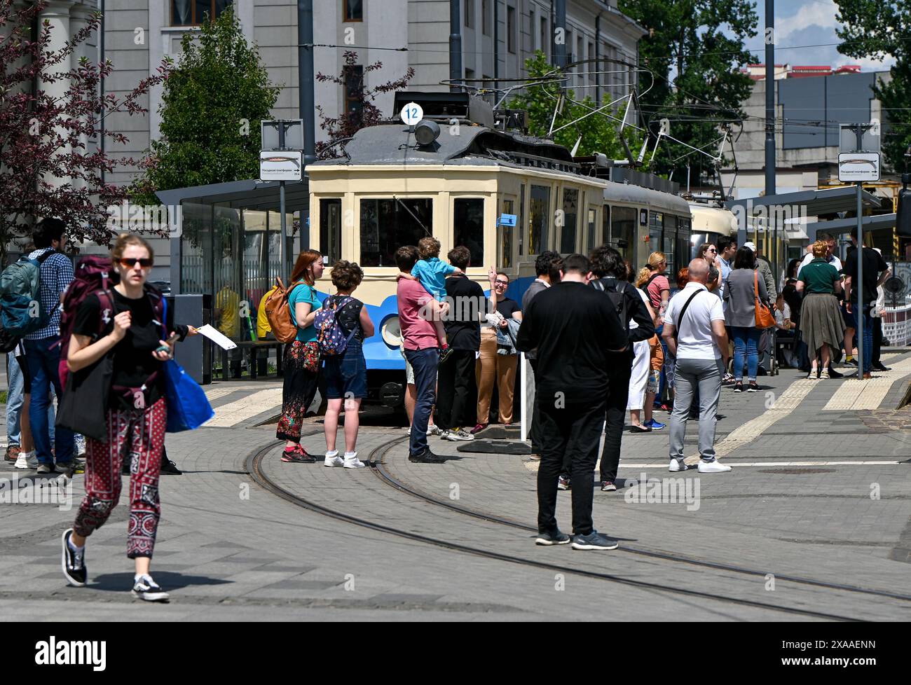 LVIV, UKRAINE - JUNE 1, 2024 - People visit the exhibition of old tram ...