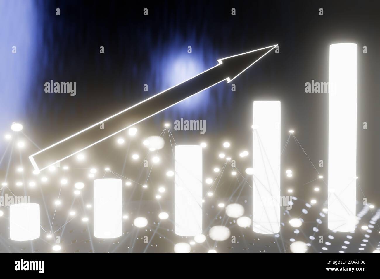 A glowing bar chart with an upward arrow indicating growth and progress ...