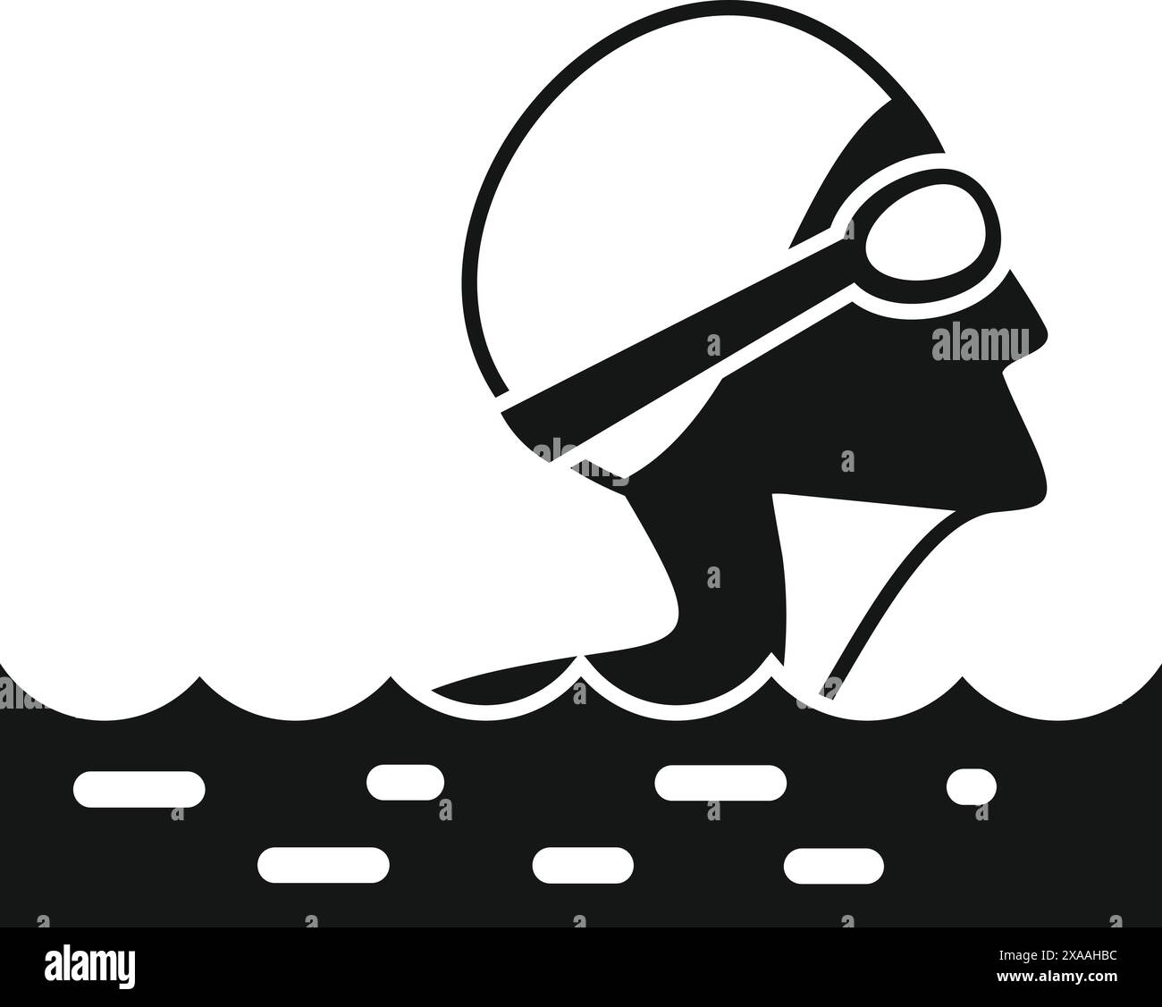 Graphic icon of a swimmer in water with swimming cap and goggles, in a black and white silhouette Stock Vector