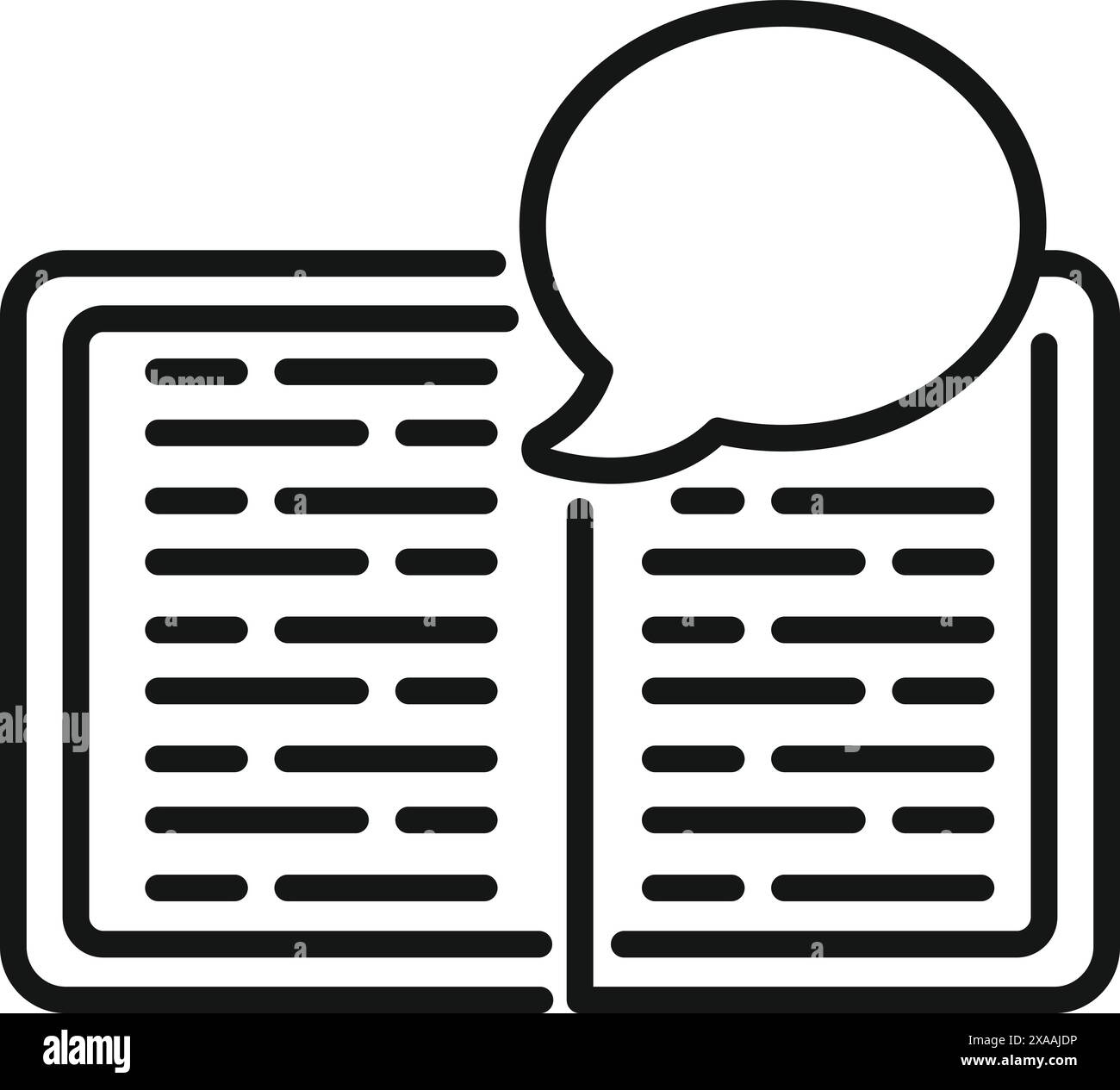 Black and white line art illustration of an open book with a speech bubble, symbolizing dialogue or learning Stock Vector