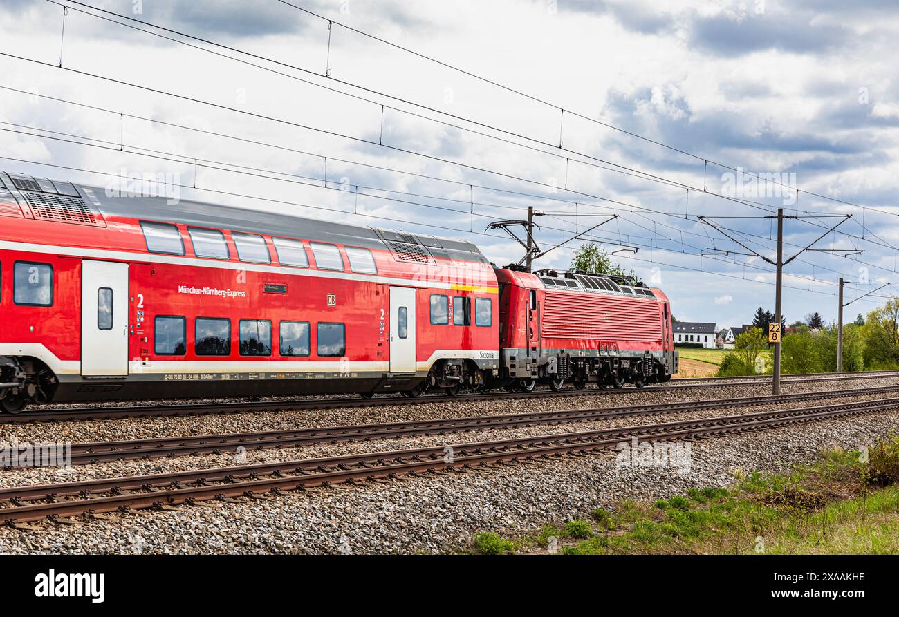 Hebertshausen, Germany, 10th Apr 2024 The MunichNuremberg Express. The passenger train is