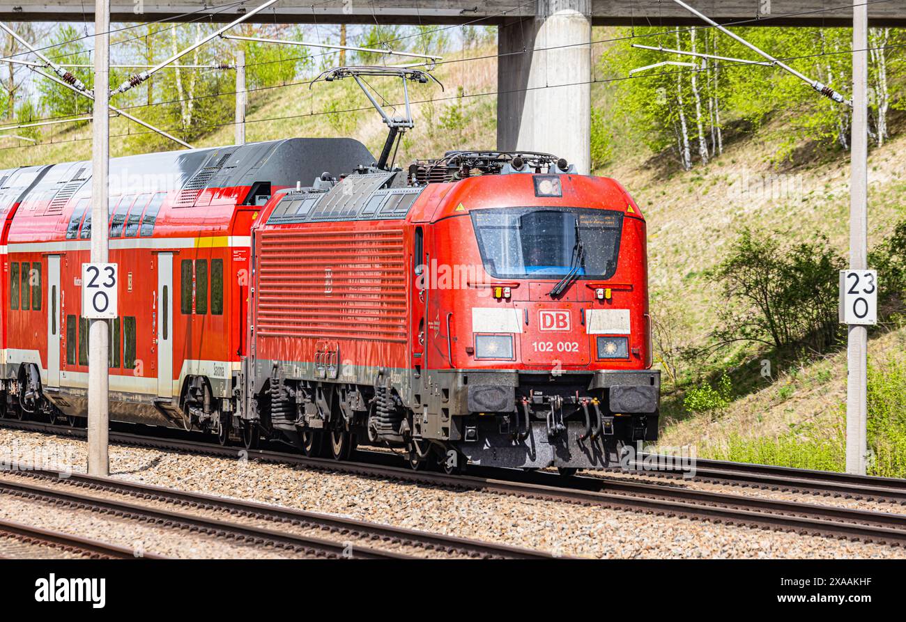 Hebertshausen, Germany, 10th Apr 2024 The MunichNuremberg Express. The passenger train is
