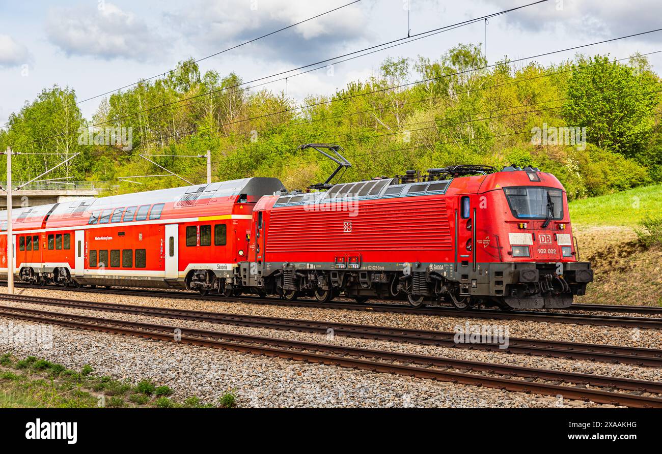 Hebertshausen, Germany, 10th Apr 2024 The MunichNuremberg Express. The passenger train is