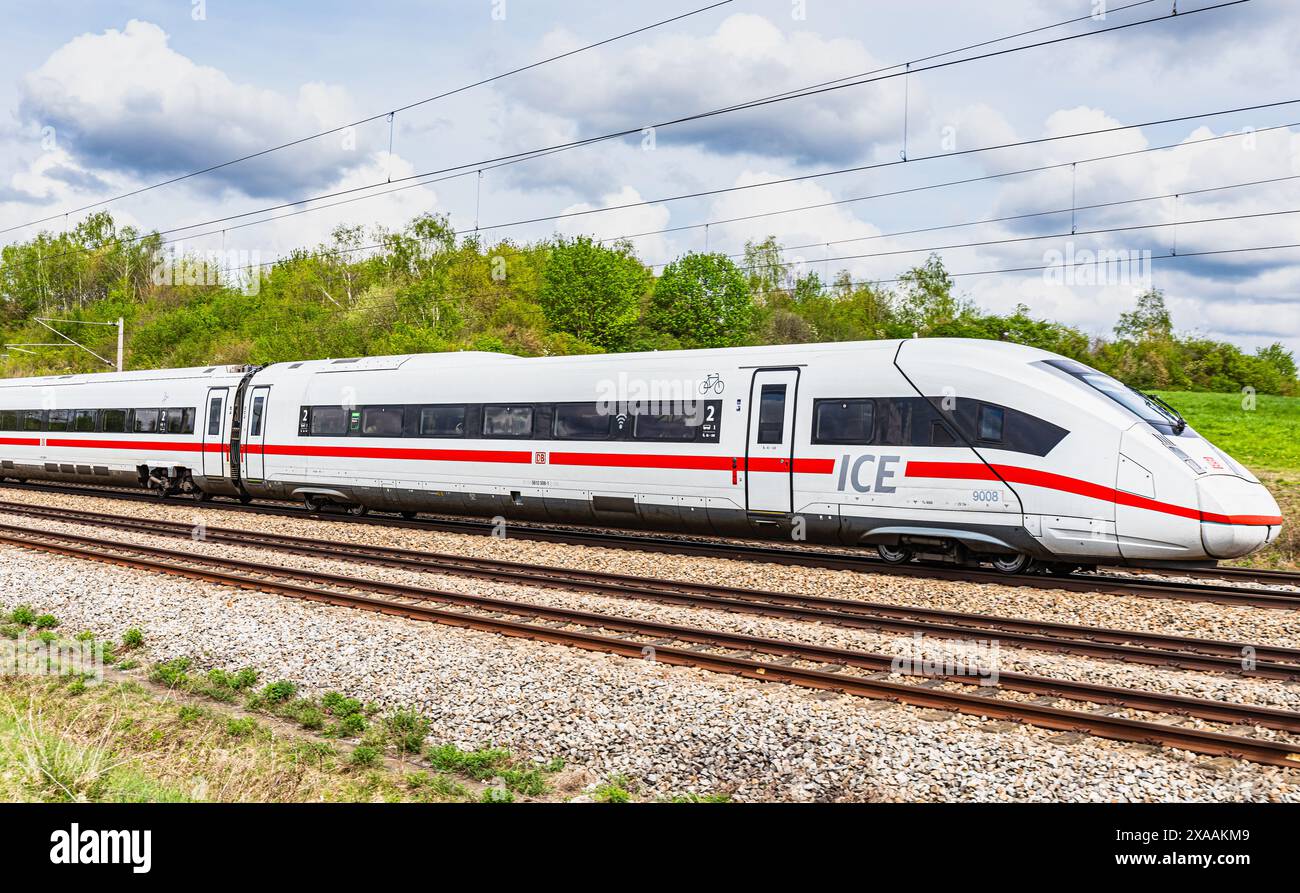 Hebertshausen, Germany, 10th Apr 2024: An ICE 4 (DB series 412) from Deutsche Bahn on the train route between Munich and Nuremberg. (Photo by Jonas Ph Stock Photo