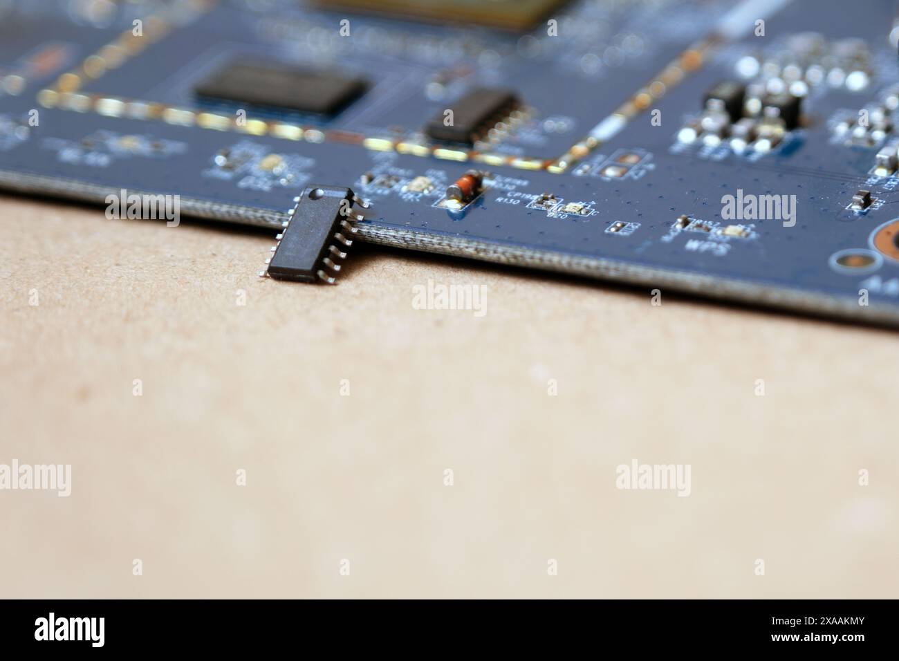Semiconductor and electronics industry concept image with text space at the bottom. Microchips and integrated circuits. Stock Photo