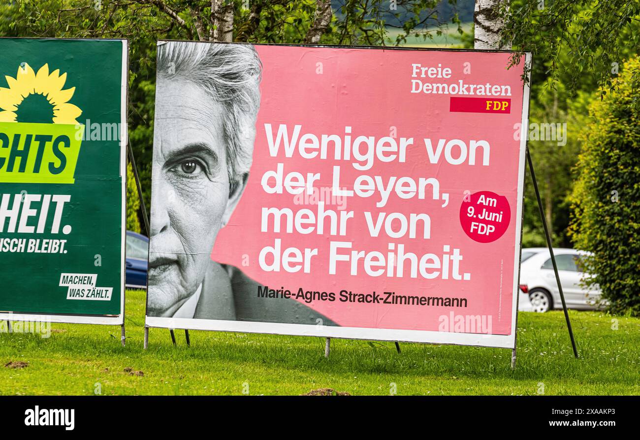 Lauchringen, Germany, 26rd May 2024: The campaign poster of top candidate Marie-Agnes Strack-Zimmermann from the Free Democratic Party (FDP) for the u Stock Photo