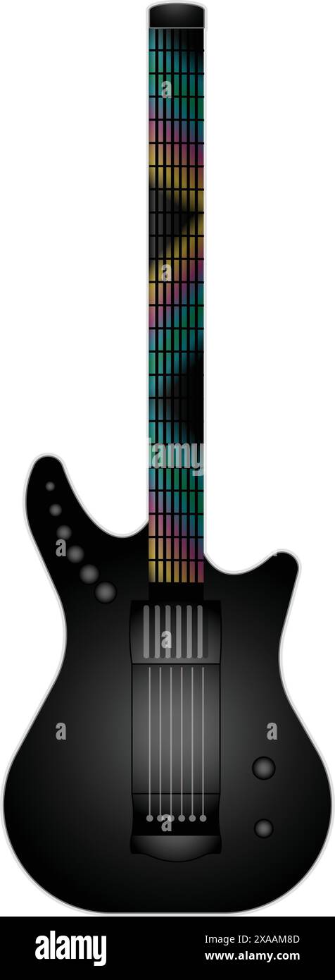 Sleek black electric guitar design featuring a vibrant, rainbow colored fretboard Stock Vector