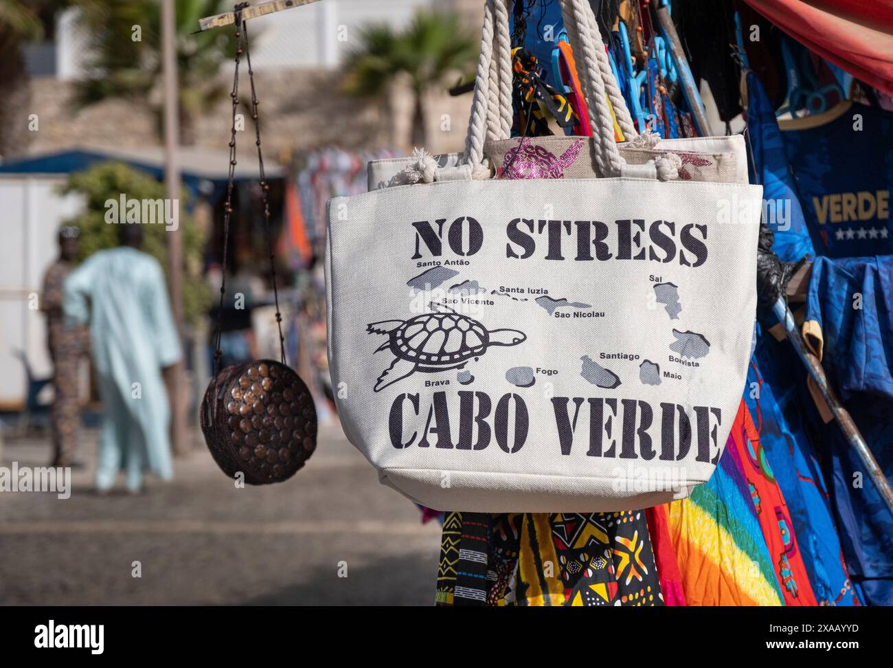 Tourist souvenirs on Market Stall in Cape Verde, Santa Maria, Sal, Cape