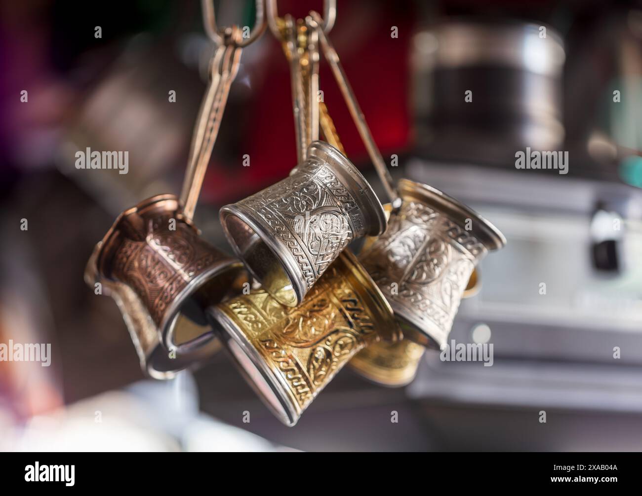 Copper craftsmanship, coffee makers at the Grand Bazaar, Istanbul, Turkey, Europe Stock Photo