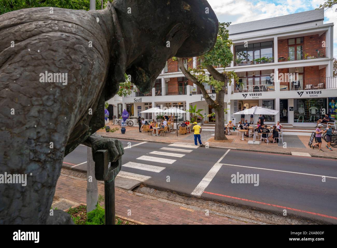 View of Old Mac statue and restaurant and cafe, Stellenbosch Central, Stellenbosch, Western Cape, South Africa, Africa Stock Photo