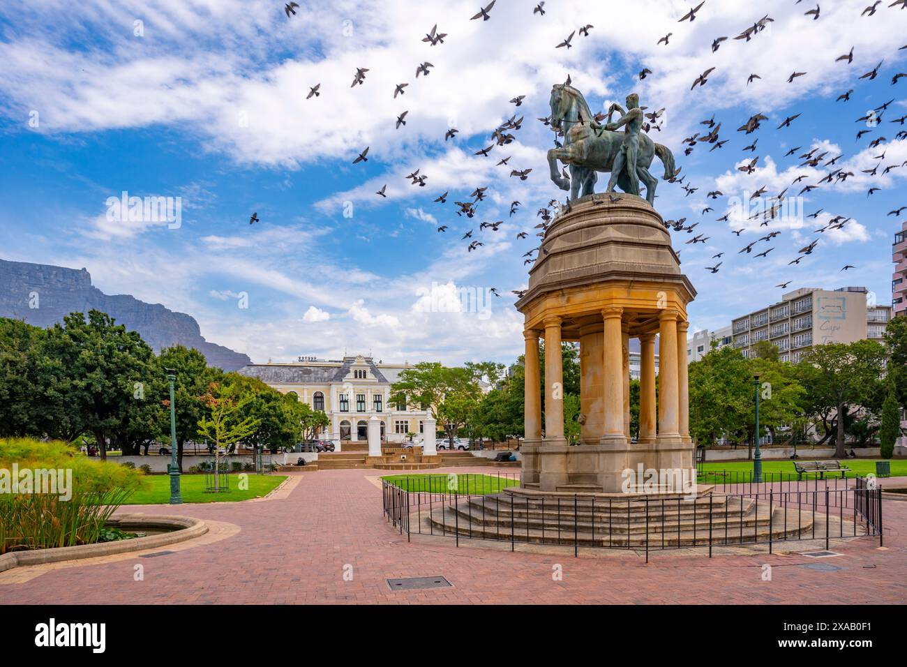 View of Delville Wood Memorial in Company's Garden and Table Mountain in background, Cape Town, Western Cape, South Africa, Africa Stock Photo