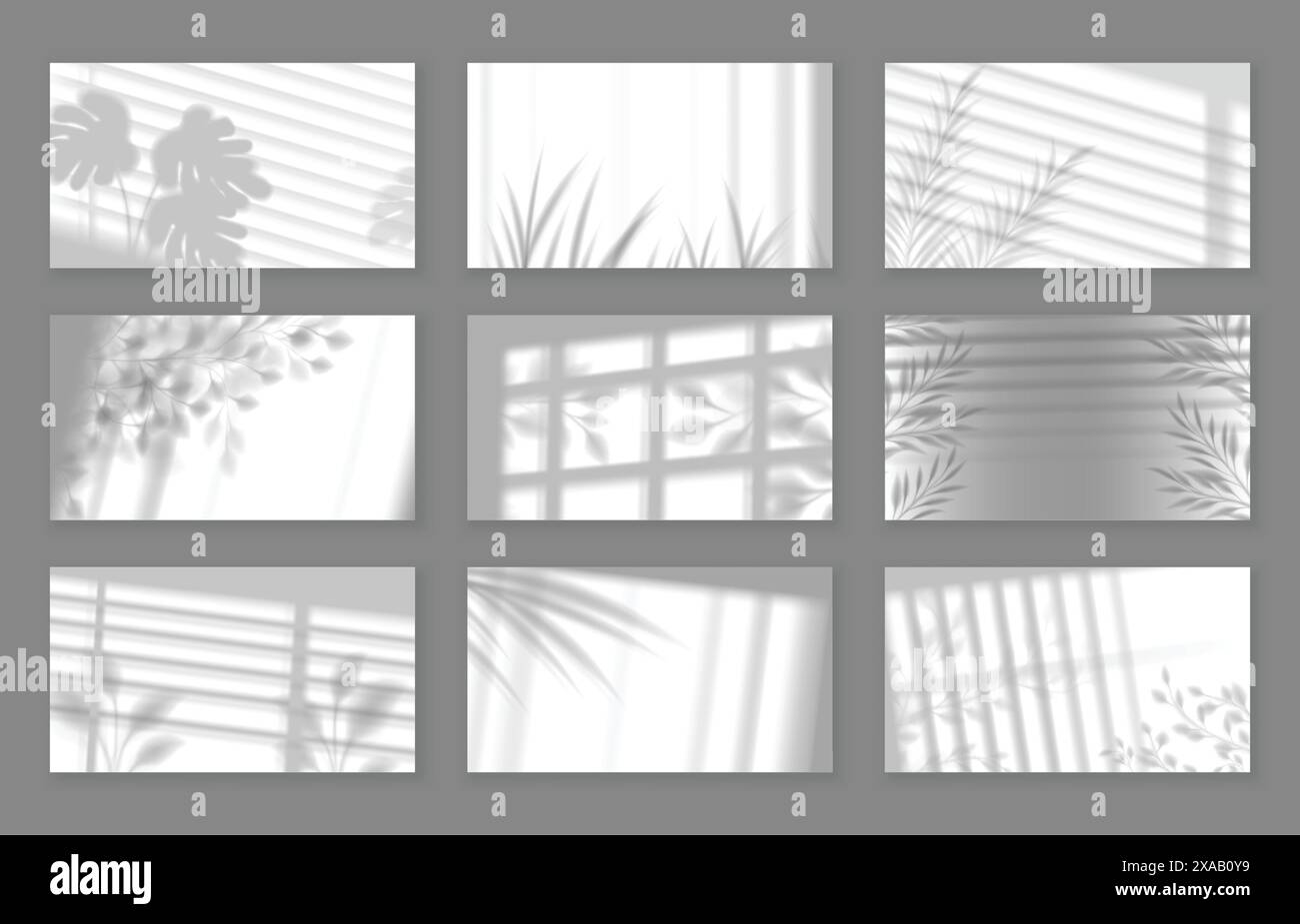 Realistic floral wall shadow. Botanical gobo overlays with foliage shadows cast through window blinds vector backgrounds set Stock Vector