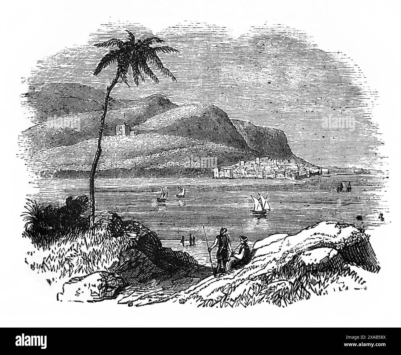 Wood Engraving  Mount Carmel As Seen from Ptolemais (Acre) n Antique 19th Century Illustrated Family Bible Stock Photo