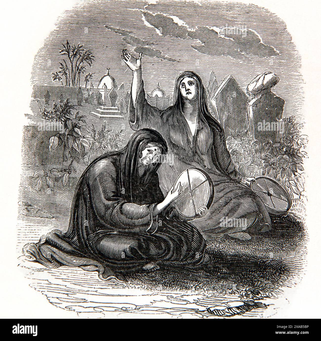 Wood Engraving of Mourning Women at a Turkish Cemetery the women at the Grave are Professional Mourners with their Tambourines in Book of Amos he Desc Stock Photo