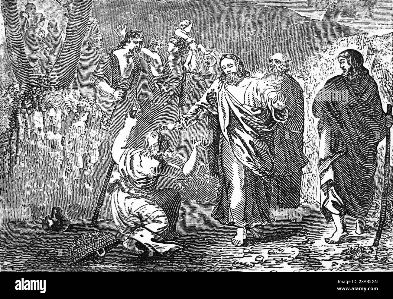 Wood Engraving of Blind Man Receiving his Sight - Jesus Christ Spits in the Blind Mans Eyes and Put his Hands on them restoring his sight from Antique Stock Photo