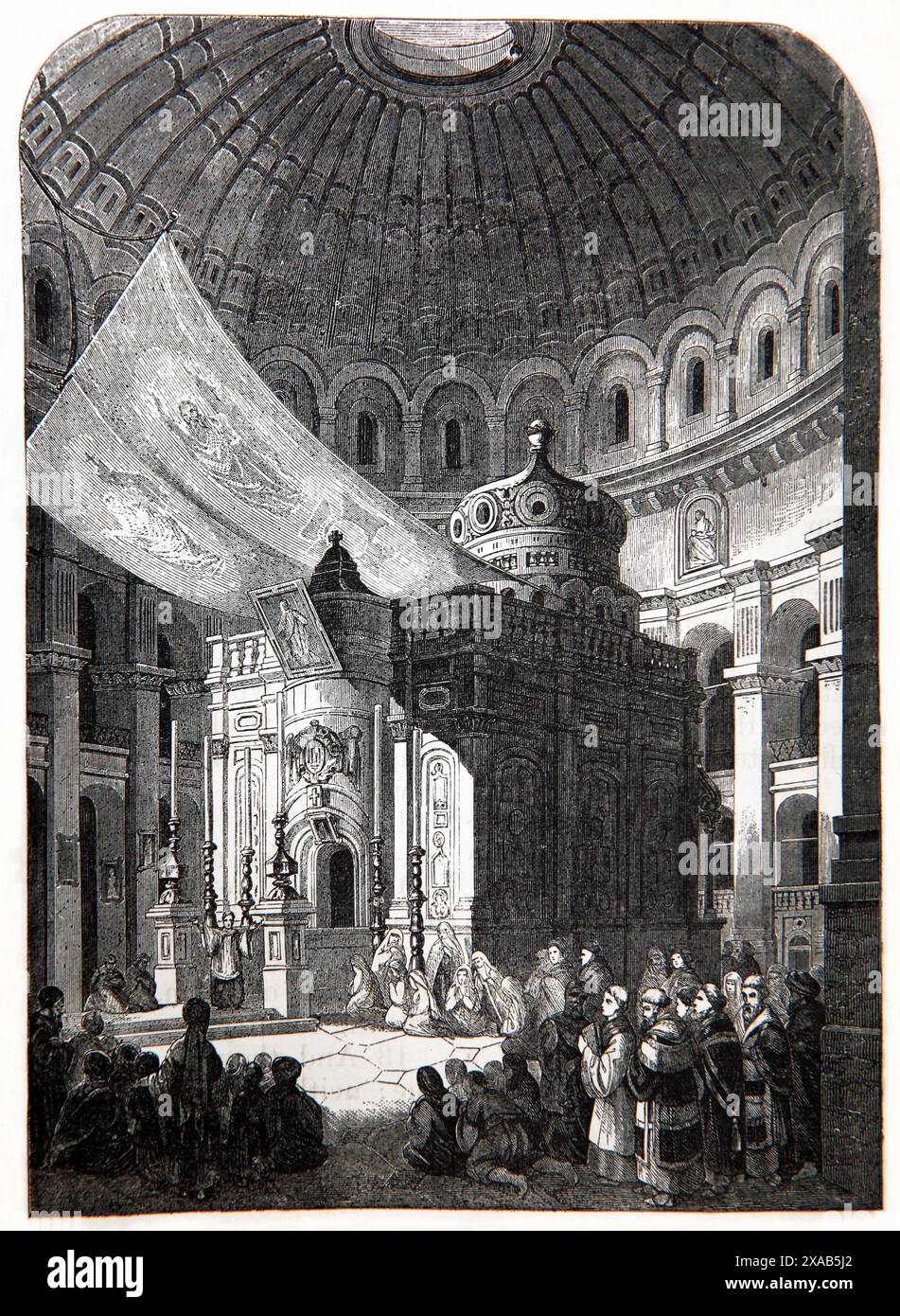 Wood Engraving of the Interior of the Church of the Holy Sepulchre Showing the Edicule that has the Remains of the Rock-Cut Tomb where Jesus Christ wa Stock Photo