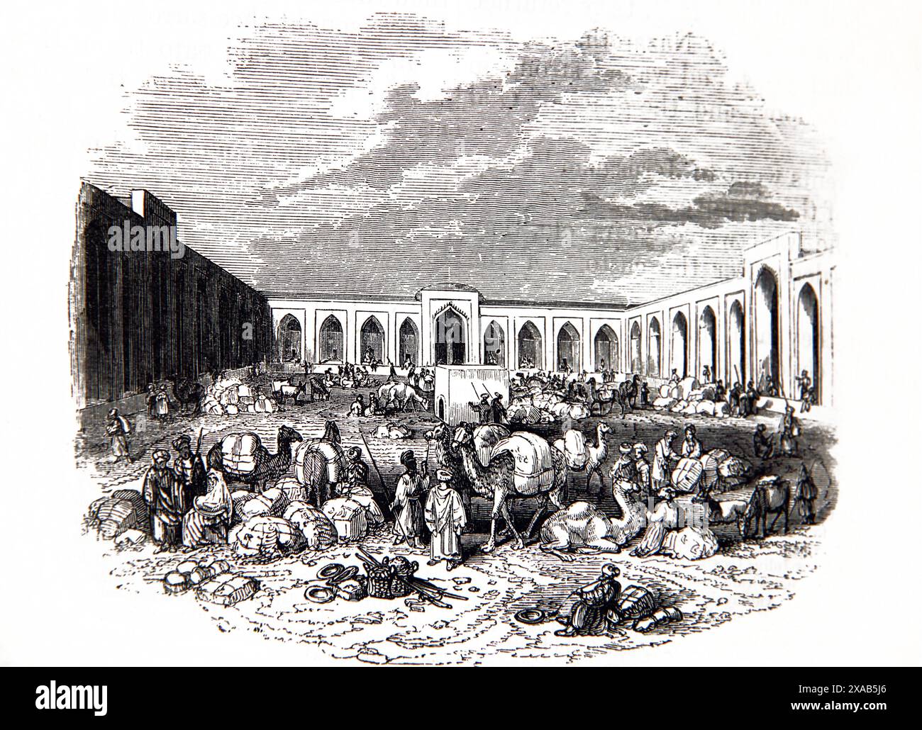 Wood Engraving of a Caravanserai (Khan) from 19th Century Illustrated Family Bible Likening the Caravanserai to the Inn which the Holy Family Stayed Stock Photo