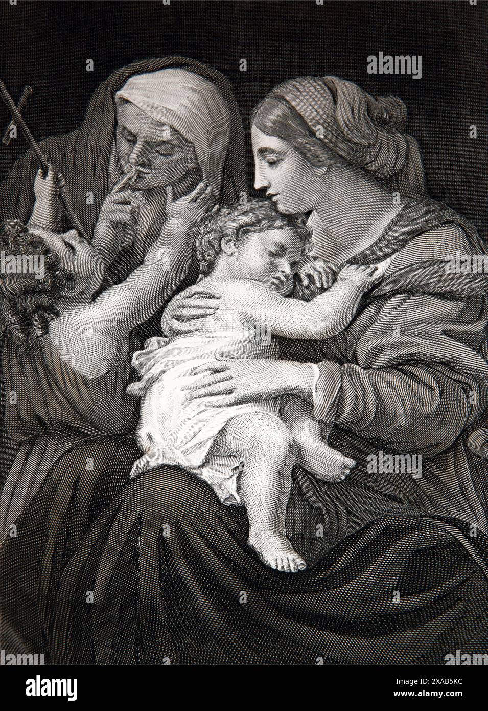 Wood Engraving of Elizabeth with Her Son John the Baptist and the Virgin Mary and baby Jesus in Antique 19th Century Illustrated Family Bible Stock Photo