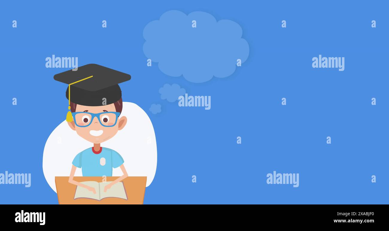 Image of graduated boy icon with speech bubble against blue background ...