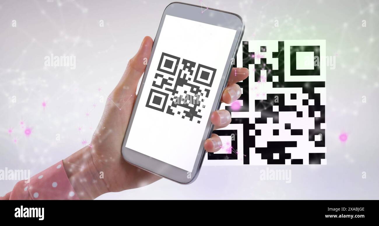 Image of qr code and qr code scanning on smartphone Stock Photo