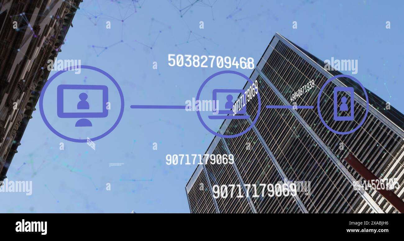 Image of data processing with media icons over cityscape Stock Photo