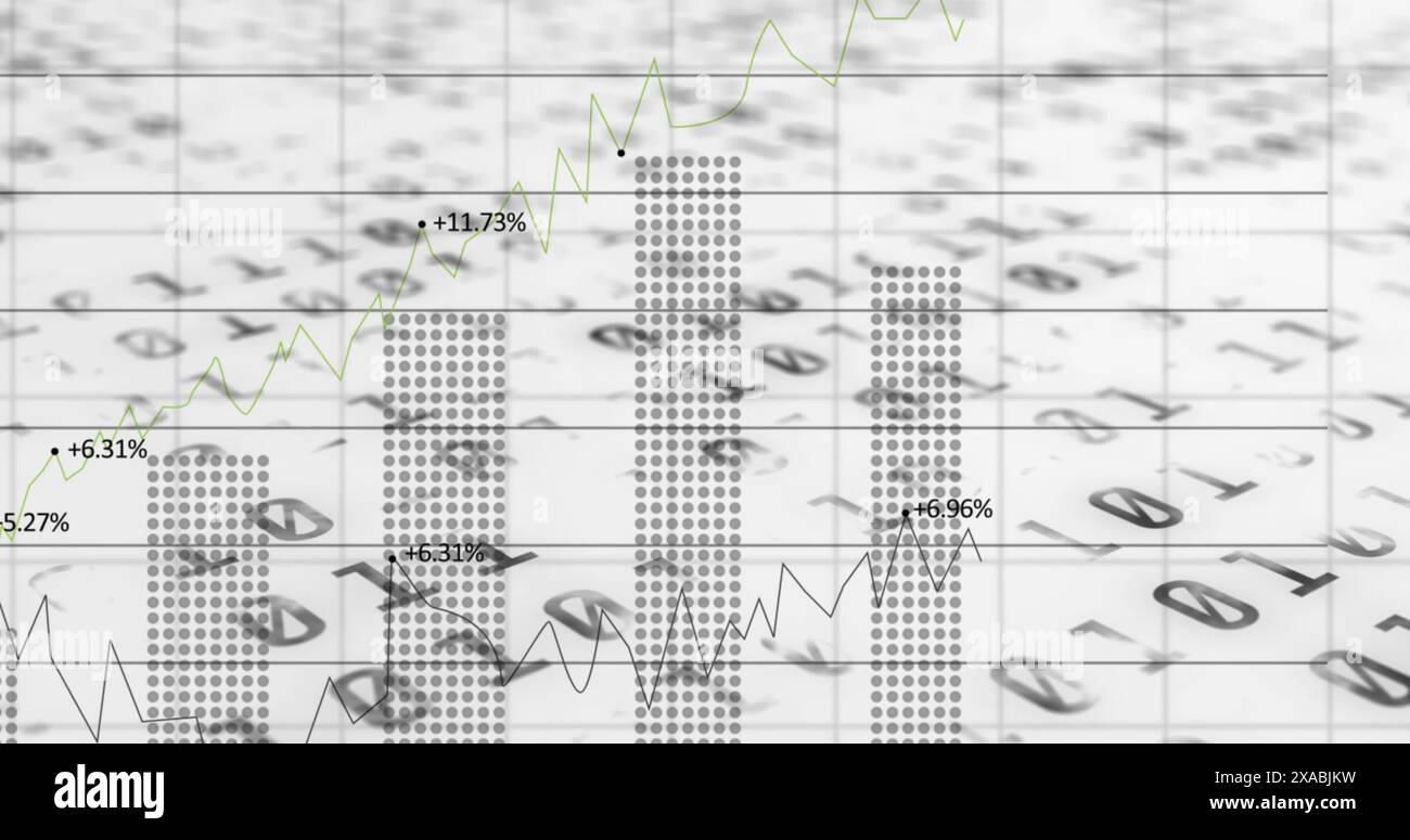 Image of binary coding over financial data processing Stock Photo