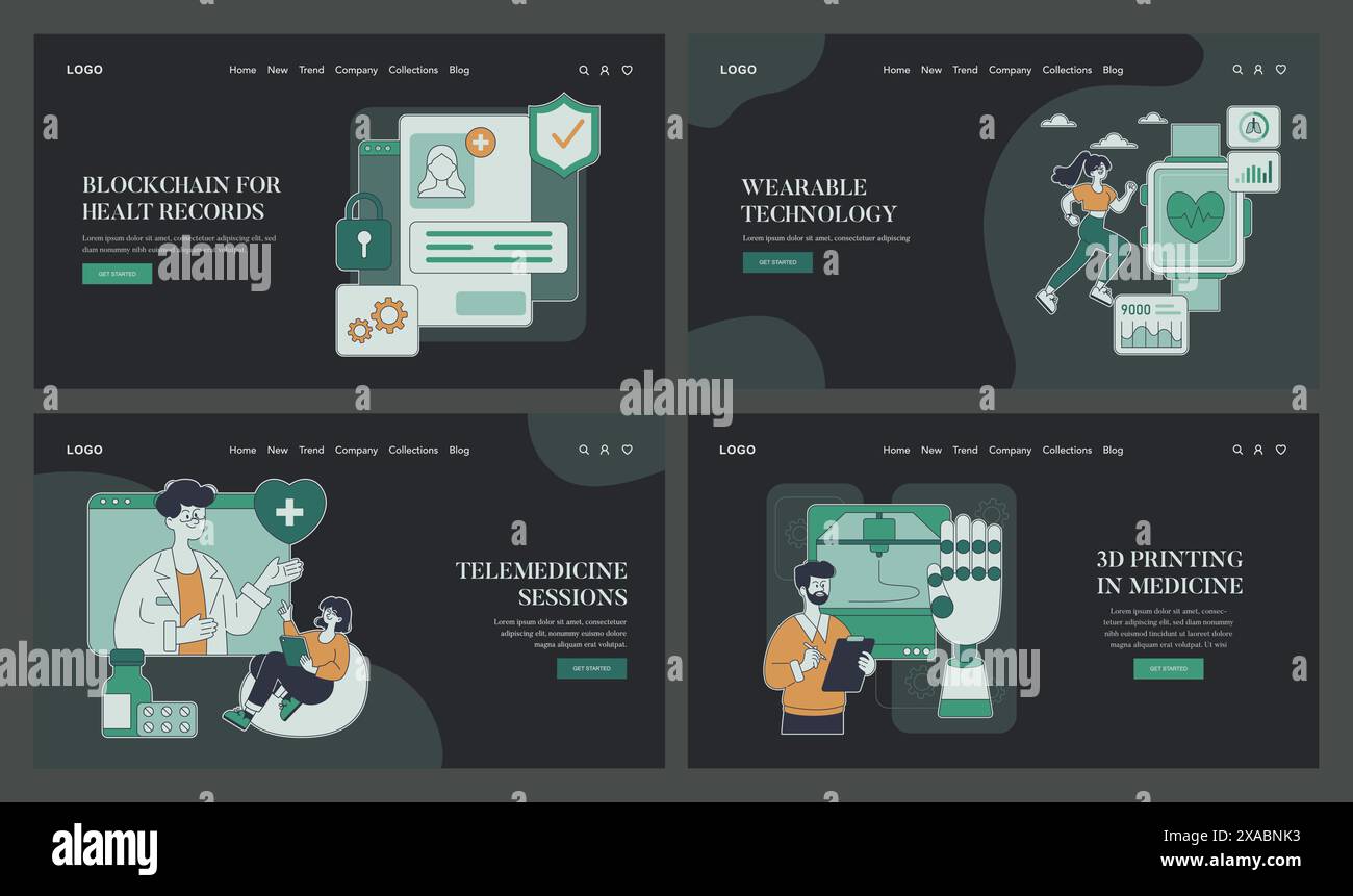 Health Tech Innovations set. Secure blockchain health records, wearable devices tracking