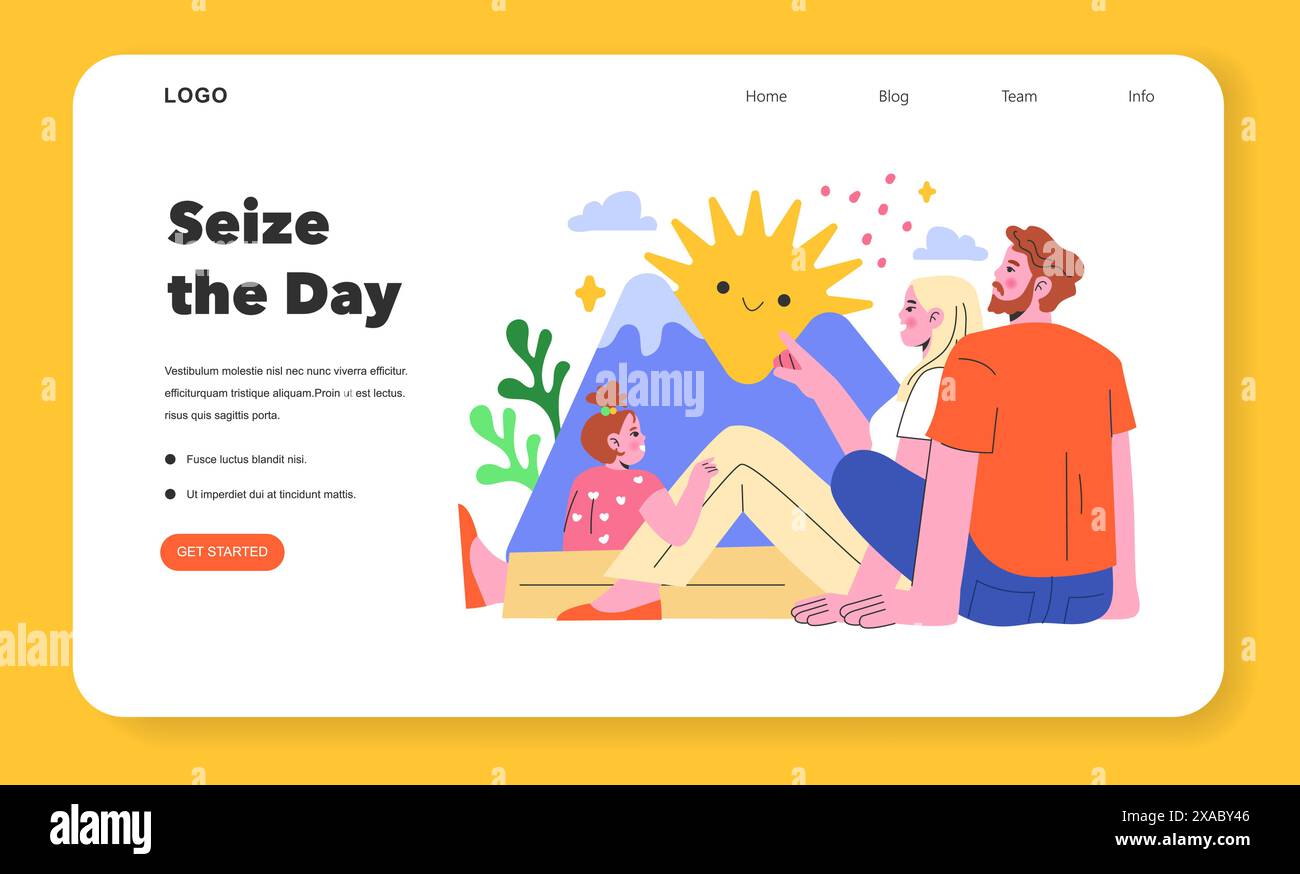 YOLO concept. A joyful family embracing life's moments, with playful interactions and a smiling sun. Family, nature, and happiness. Vector illustration. Stock Vector