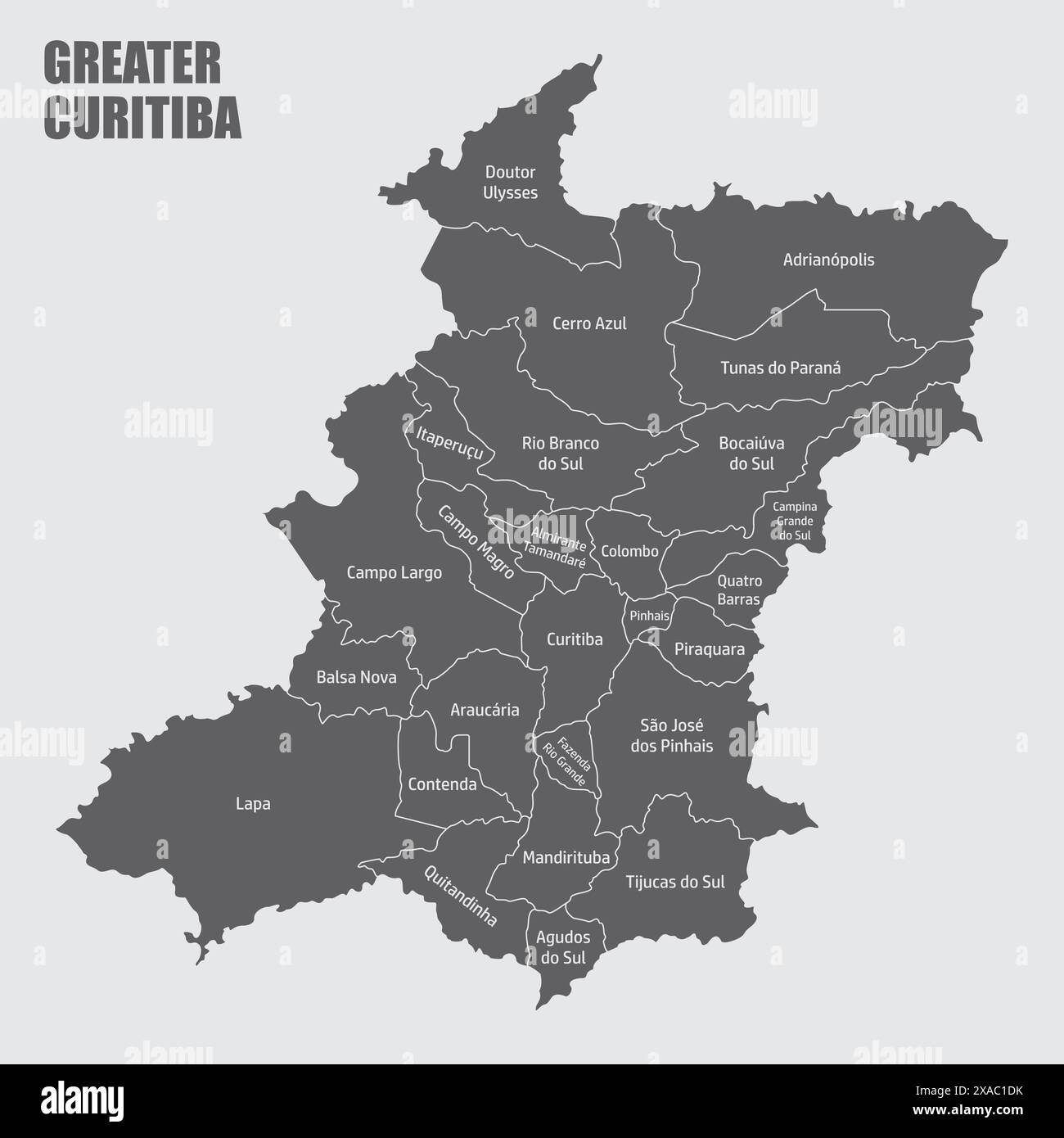 The administrative map of Greater Curitiba with labels, Parana State, Brazil Stock Vector Image