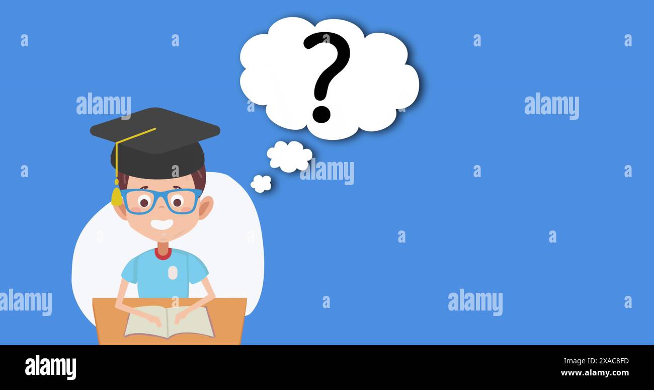 Image of graduated boy icon with question mark on speech bubble against ...
