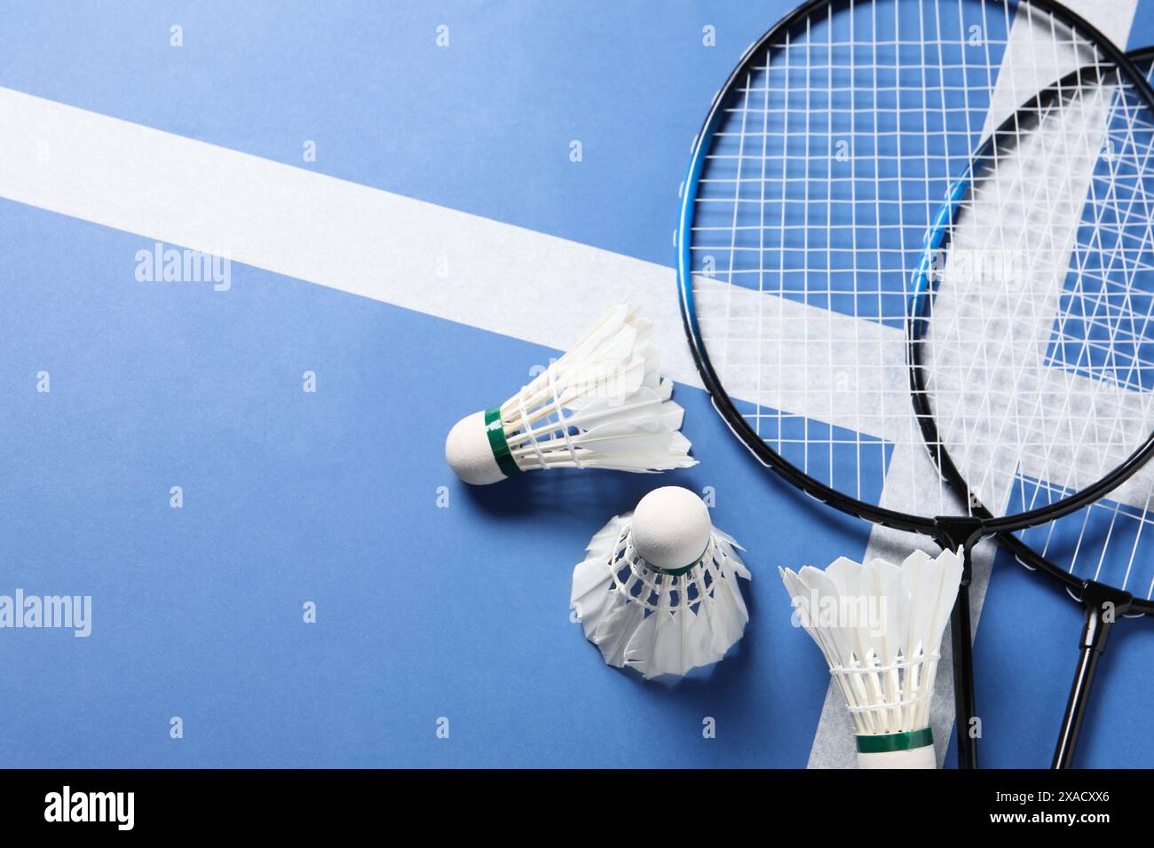 Feather badminton shuttlecocks and rackets on blue background, flat lay. Space for text Stock Photo