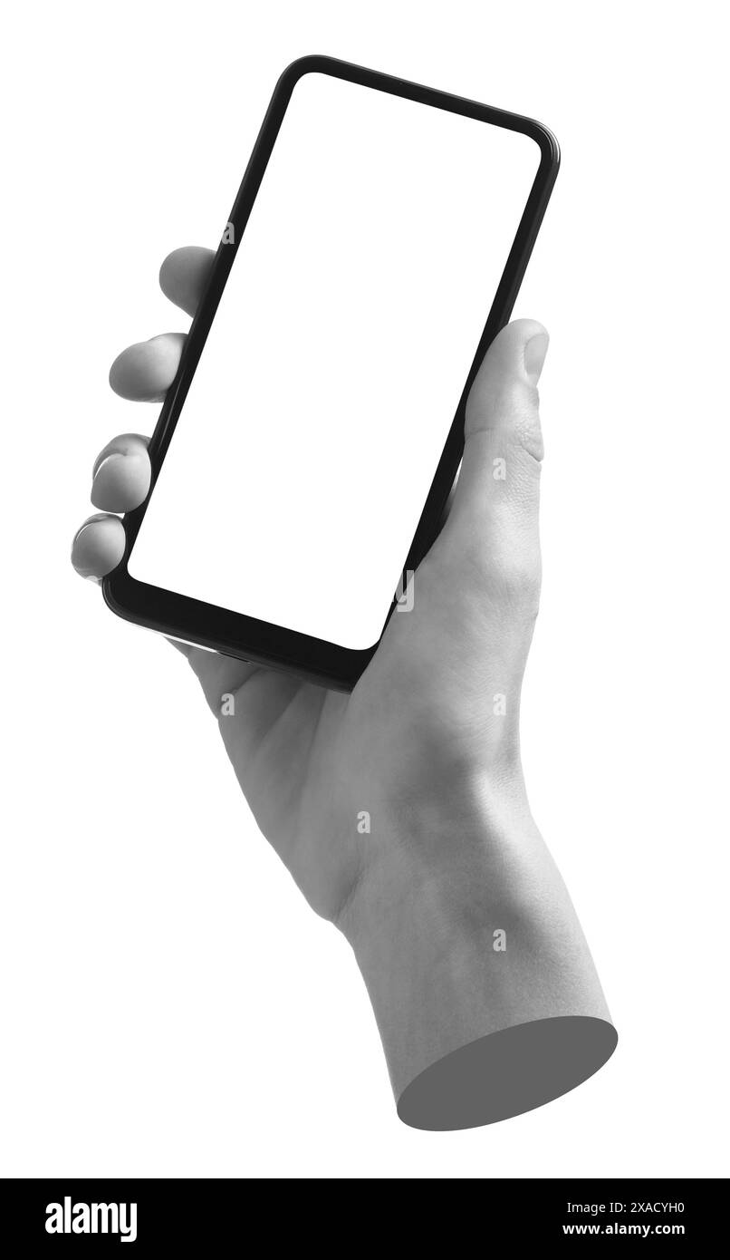 Man's hand holding mobile phone with empty screen isolated on white ...