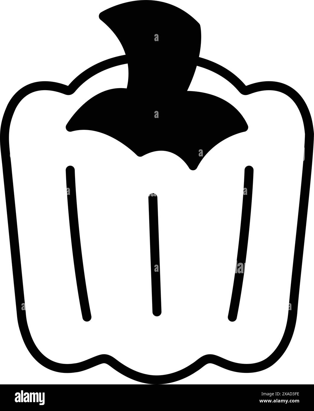 A black and white drawing of a pepper. The pepper is cut in half and has a stem on top Stock Vector