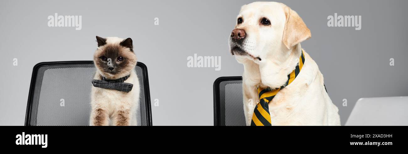 A furry cat and a loyal dog peacefully sit together on a chair in a cozy studio setting. Stock Photo