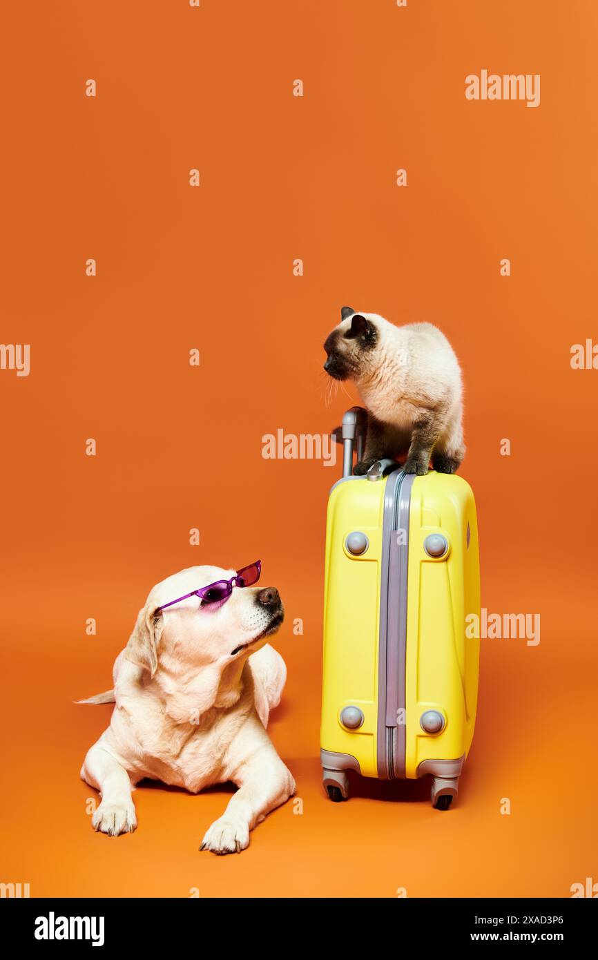 A dog comfortably sitting on a suitcase next to a curious cat in a cozy studio setting. Stock Photo