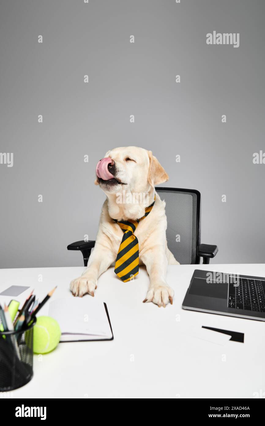 A sophisticated dog wearing a tie sitting attentively at a desk ...