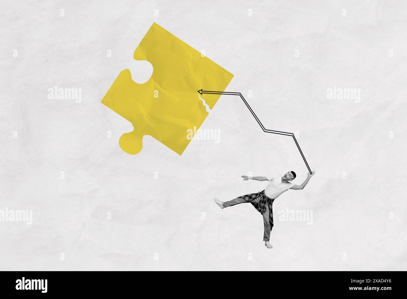 Composite collage image picture of mini guy hold arrow big puzzle piece ...