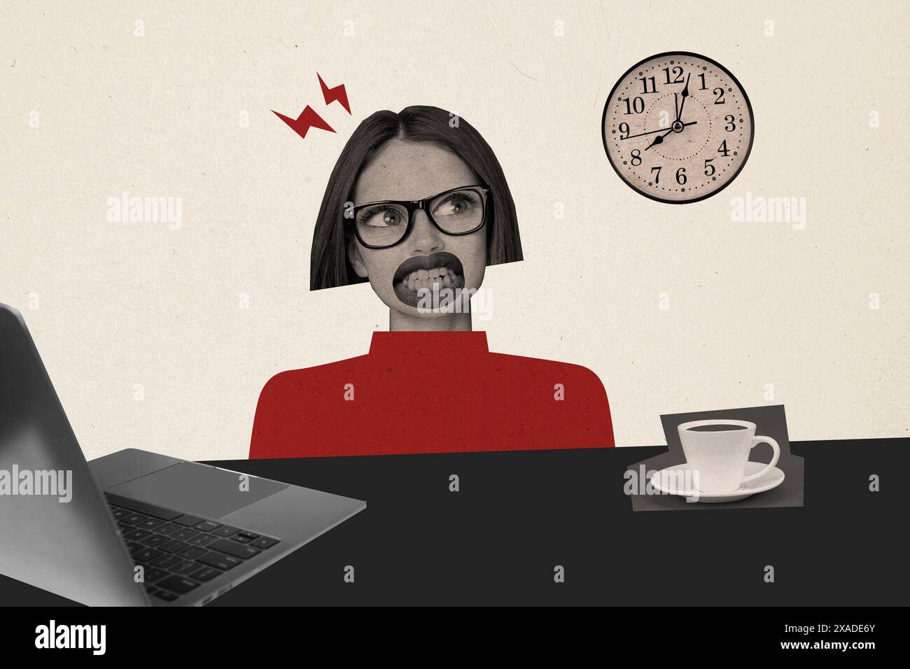 Composite collage image of funny angry female look time working process ...