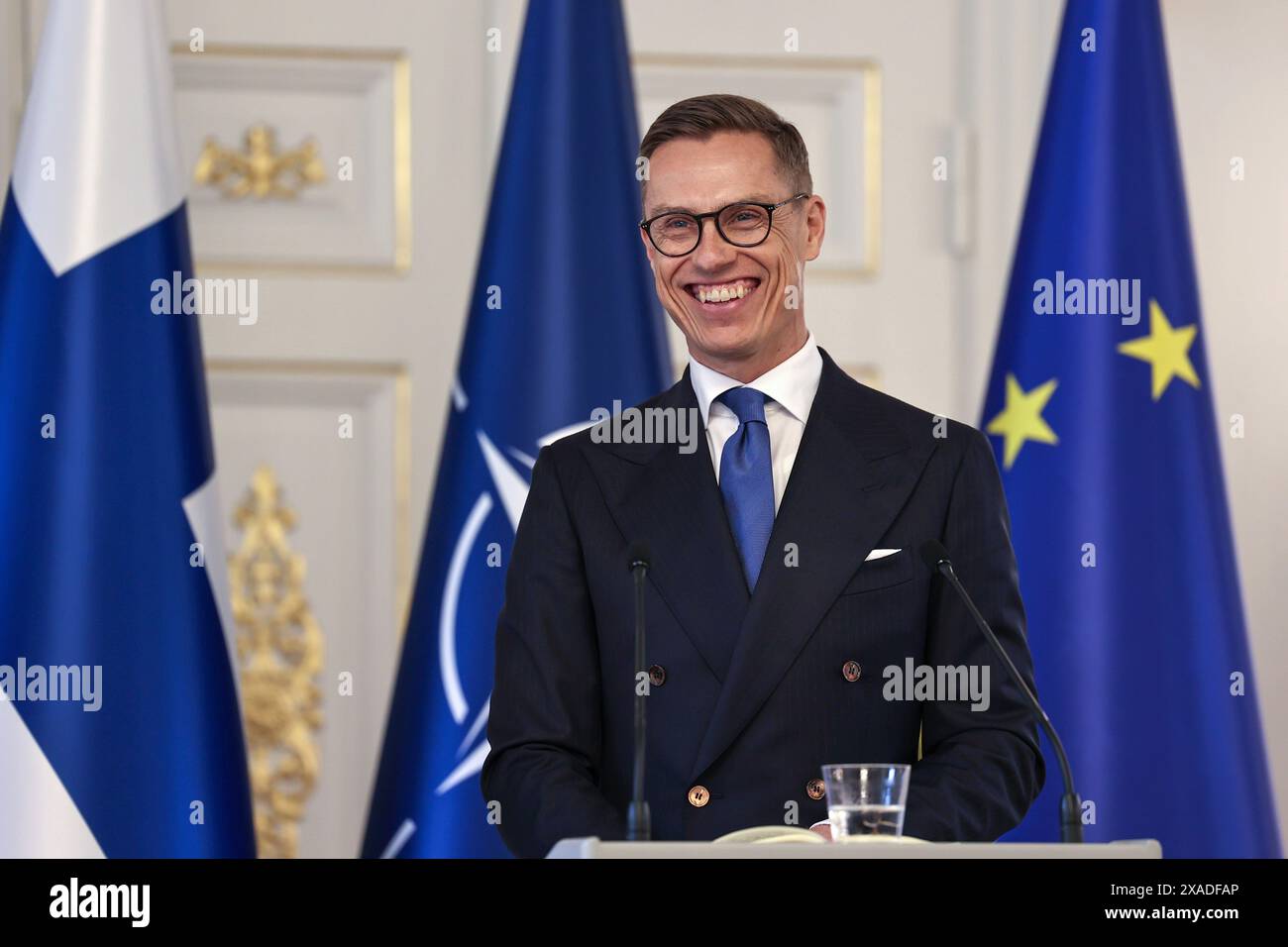 Helsinki, Uusimaa, Finland. 6th June, 2024. NATO Secretary General Jens Stoltenberg is visiting Finland on June 5 and 6, 2024.President of Finland Alexander Stubb answers questions from journalists at the Presidential Palace in Helsinki (Credit Image: © Marina Takimoto/ZUMA Press Wire) EDITORIAL USAGE ONLY! Not for Commercial USAGE! Stock Photo