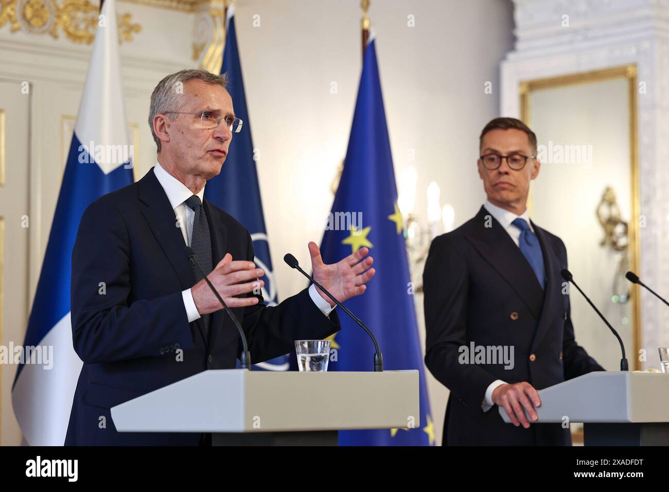 Helsinki, Uusimaa, Finland. 6th June, 2024. NATO Secretary General Jens Stoltenberg is visiting Finland on June 5 and 6, 2024.NATO Secretary General Jens Stoltenberg and President of Finland Alexander Stubb answers questions from journalists at the Presidential Palace in Helsinki (Credit Image: © Marina Takimoto/ZUMA Press Wire) EDITORIAL USAGE ONLY! Not for Commercial USAGE! Stock Photo