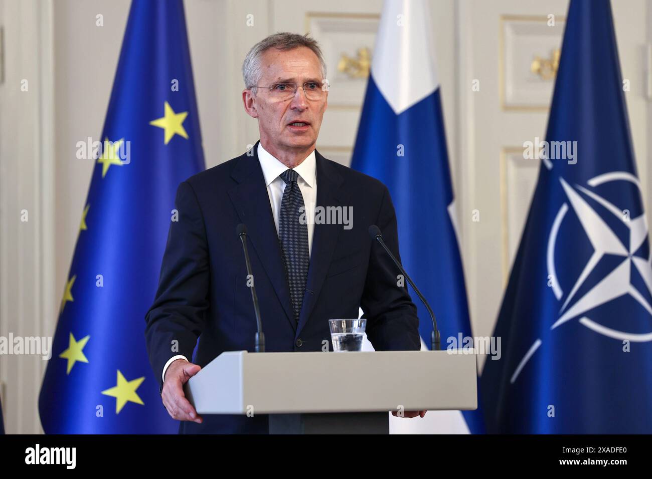 Helsinki, Uusimaa, Finland. 6th June, 2024. NATO Secretary General Jens Stoltenberg is visiting Finland on June 5 and 6, 2024.NATO Secretary General Jens Stoltenberg answers questions from journalists at the Presidential Palace in Helsinki (Credit Image: © Marina Takimoto/ZUMA Press Wire) EDITORIAL USAGE ONLY! Not for Commercial USAGE! Stock Photo