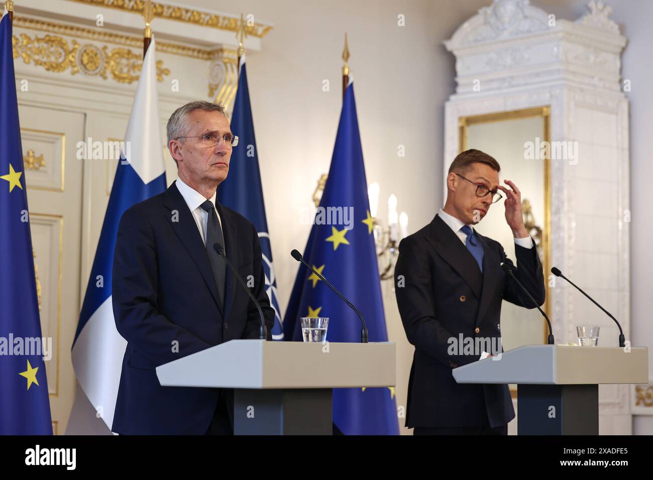 Helsinki, Uusimaa, Finland. 6th June, 2024. NATO Secretary General Jens Stoltenberg is visiting Finland on June 5 and 6, 2024.NATO Secretary General Jens Stoltenberg and President of Finland Alexander Stubb answers questions from journalists at the Presidential Palace in Helsinki (Credit Image: © Marina Takimoto/ZUMA Press Wire) EDITORIAL USAGE ONLY! Not for Commercial USAGE! Stock Photo
