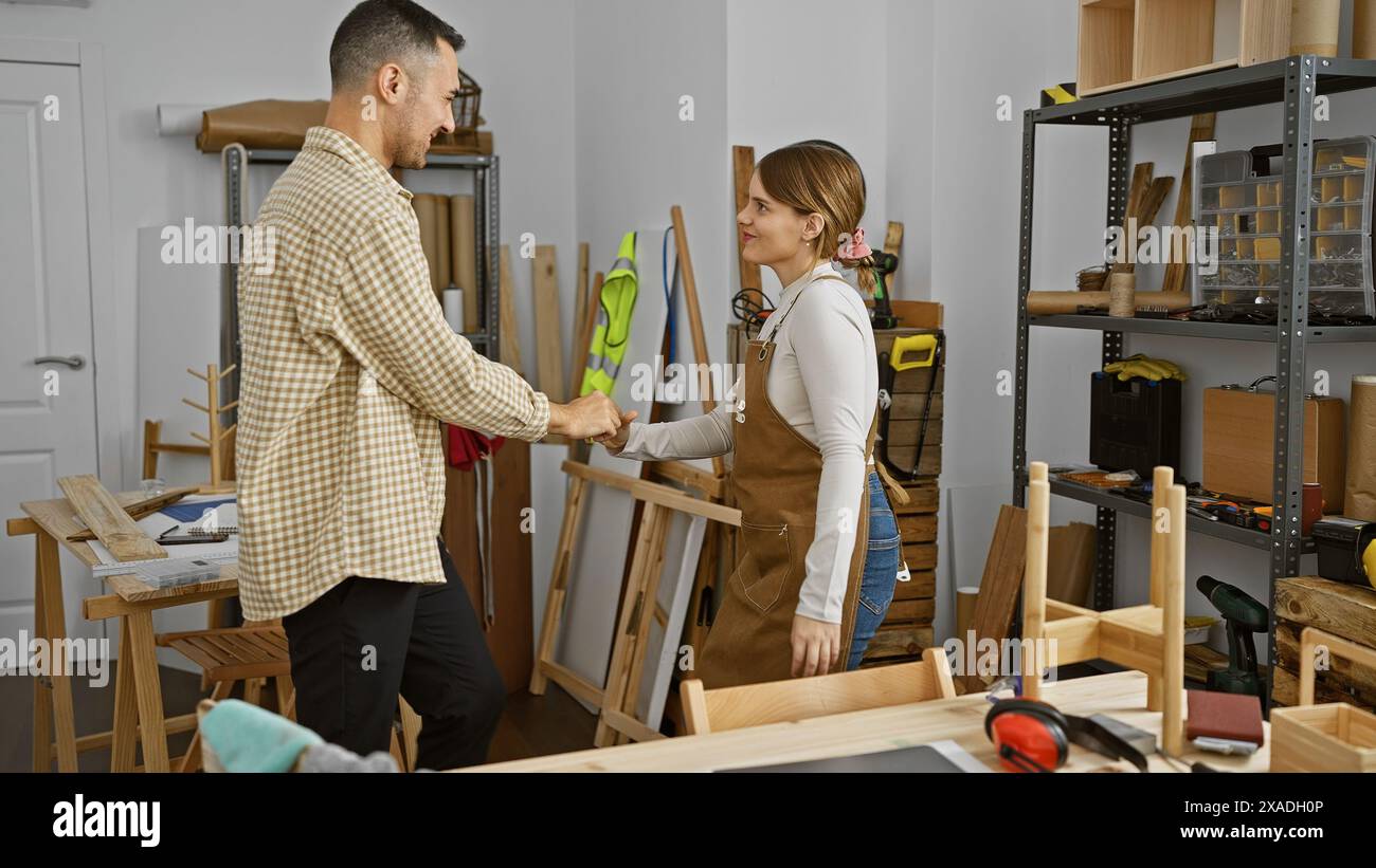 Man woman collaborate in woodworking hi-res stock photography and ...
