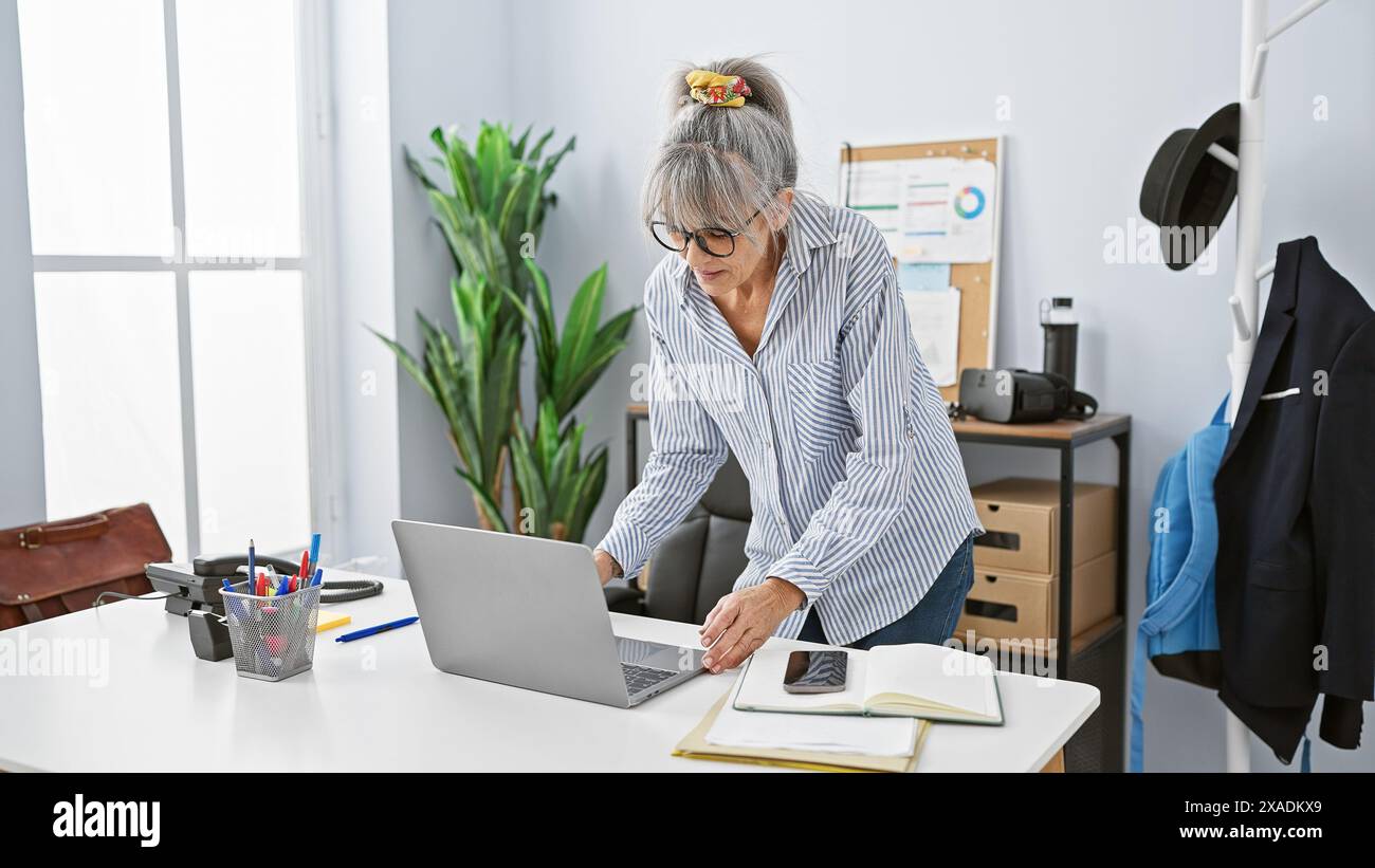 A mature woman with grey hair works in a bright office, using a laptop ...