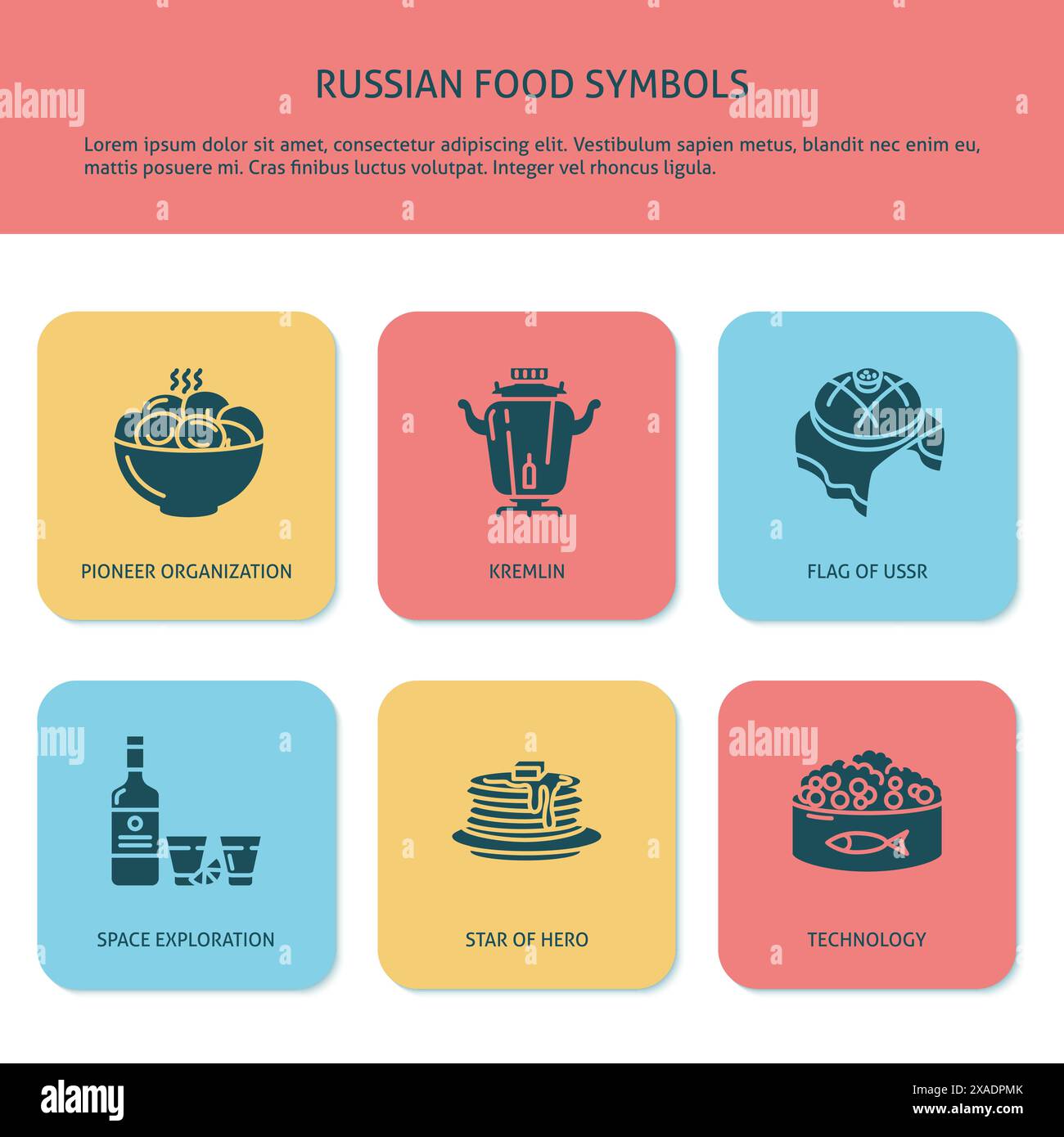 Banner with Russian cuisine symbols. National food and drinks of Russia ...