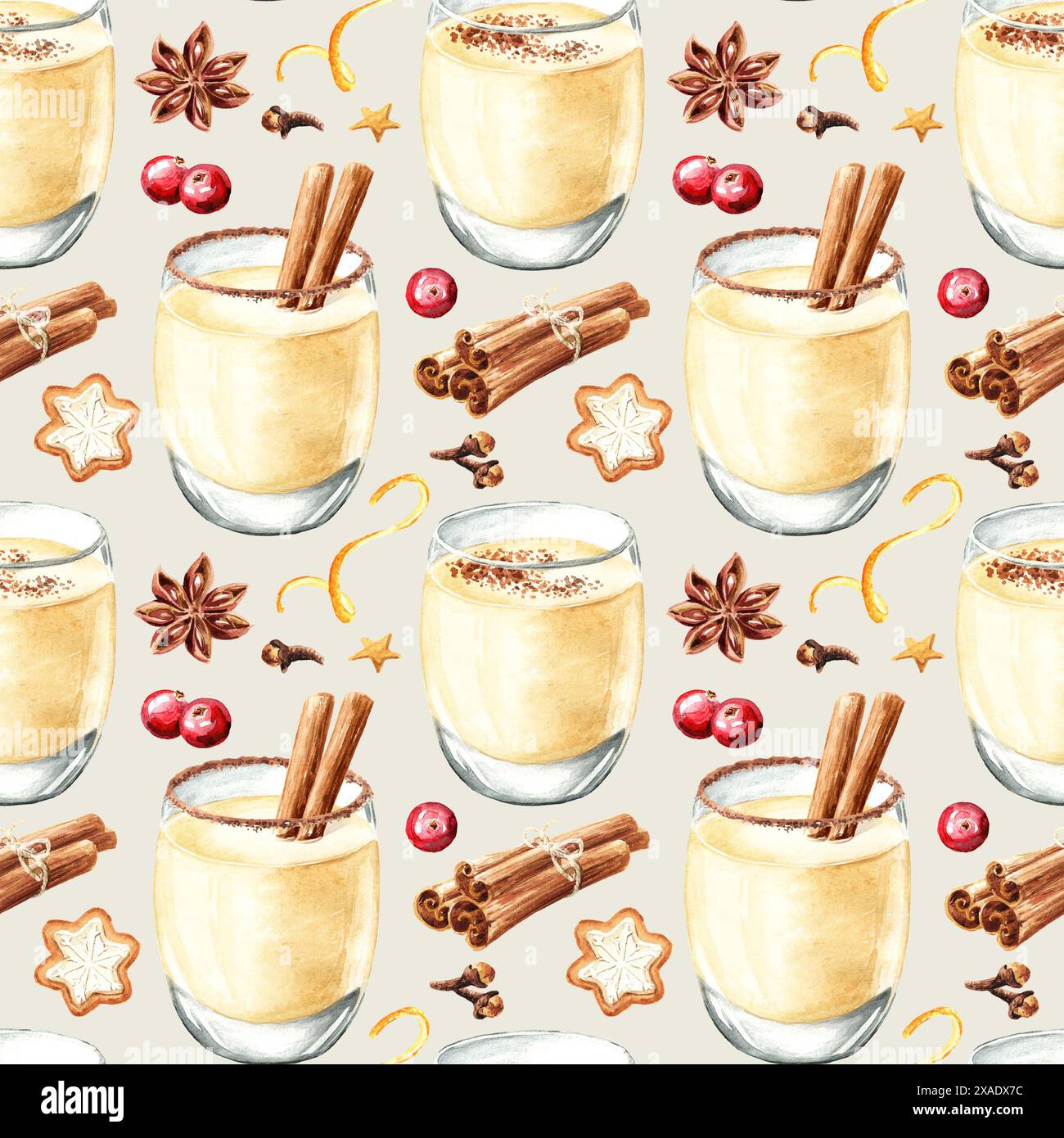 Christmas Eggnog seamless pattern. Hand drawn watercolor illustration isolated on white background Stock Photo