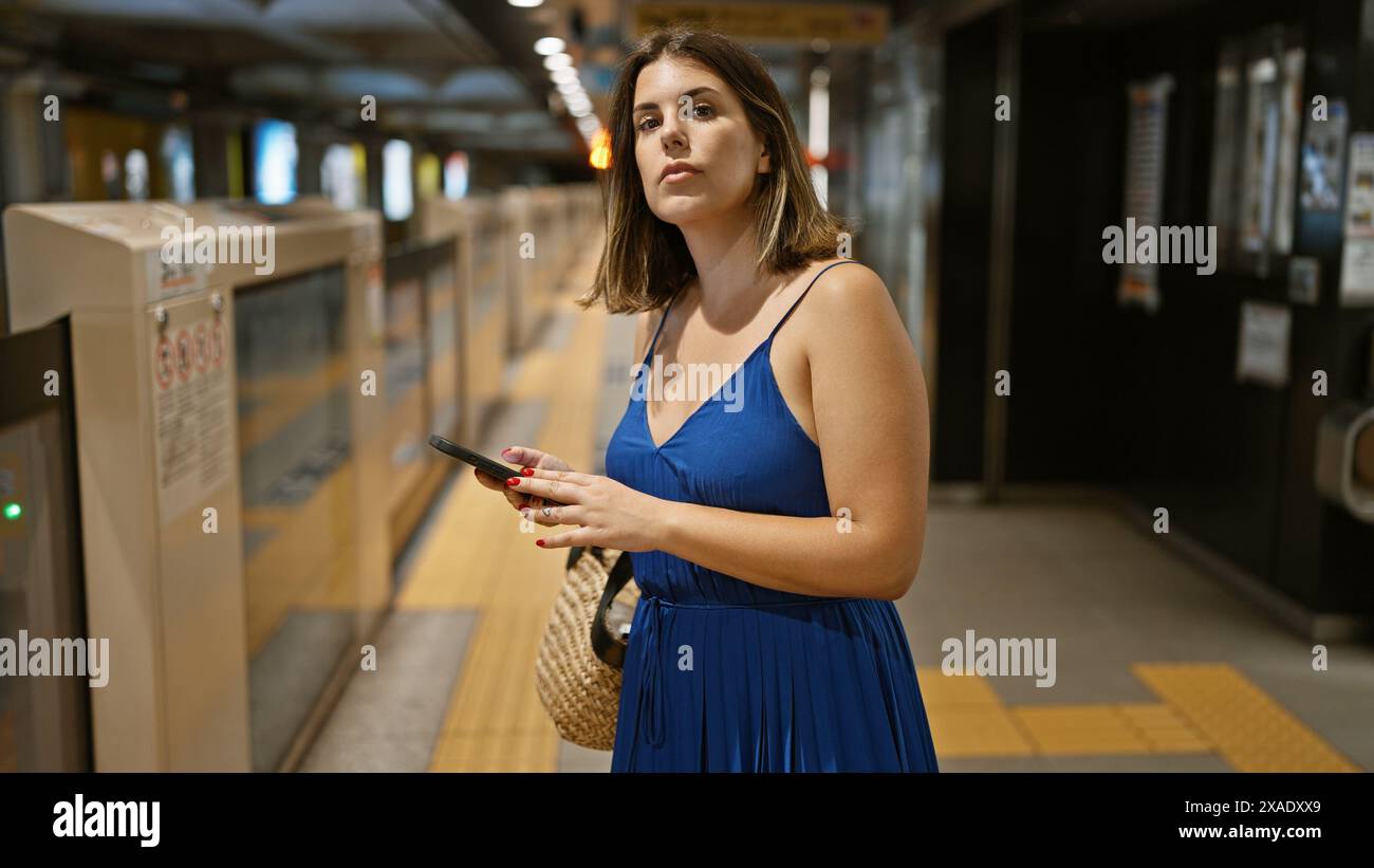 Beautiful hispanic woman, a young tourist, standing on city platform waiting for metro train, deeply engrossed in typing on her smartphone at the subw Stock Photo