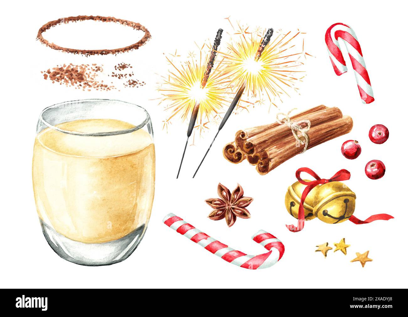 Traditional Festive Christmas Hot Drink Eggnog with decor elements set ...